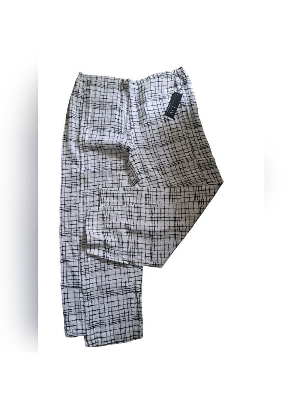 LIV HABITAT linen blend lightweight coastal resort pants black white check L-XL*